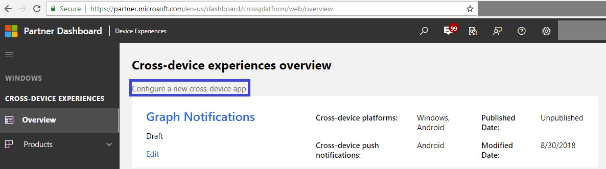Dev Center Dashboard – Cross-Device Experiences