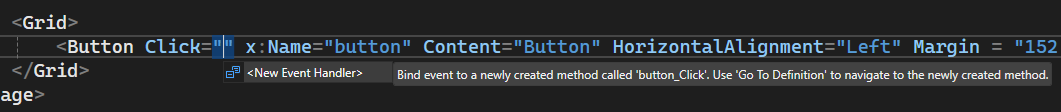 A screenshot of the XAML editor showing the prompt to create a new event handler in the properties pane