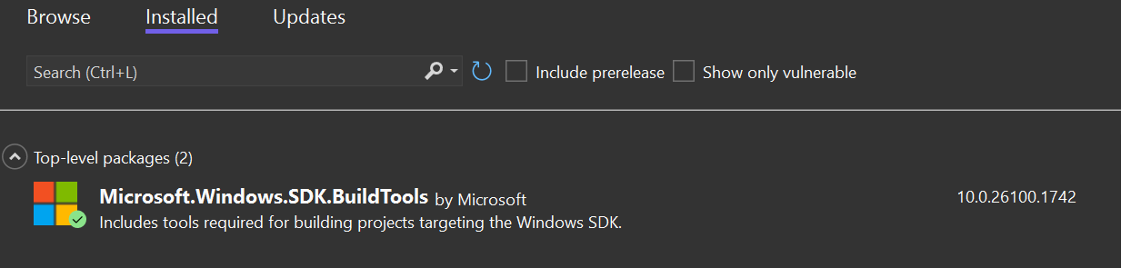 A screenshot showing the Microsoft.Windows.SDK.BuildTools package on the NuGet screen in Visual Studio