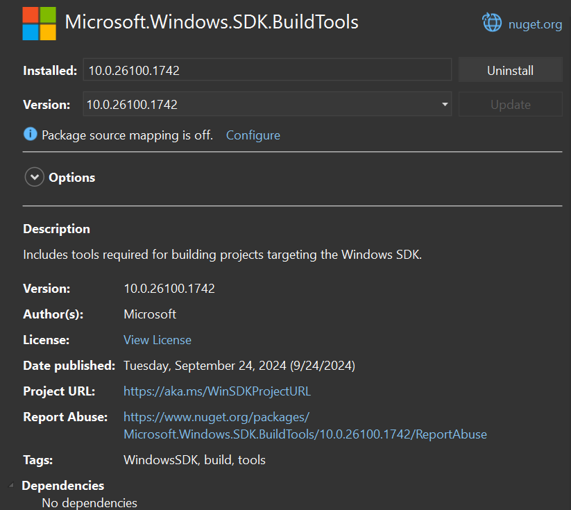 A screenshot showing the info for the Build Tools package on the NuGet screen in Visual Studio