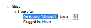 screen shot of 'sleep after (never)' spin control