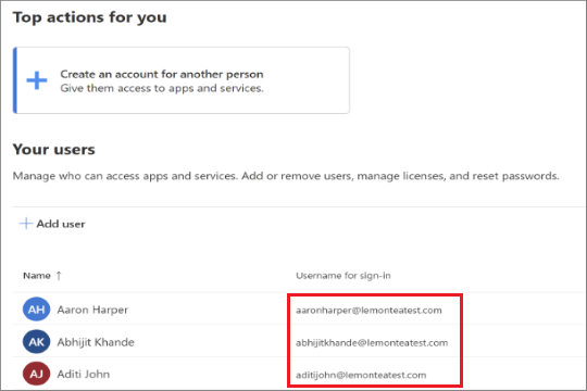 Colonna Username nella interfaccia di amministrazione di Microsoft 365.