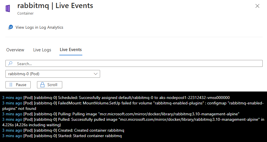 Screenshot che mostra l'opzione Eventi live del contenitore per visualizzare i dati.