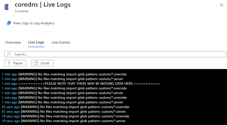 Screenshot che mostra l'opzione Log attivi del contenitore per visualizzare i dati.