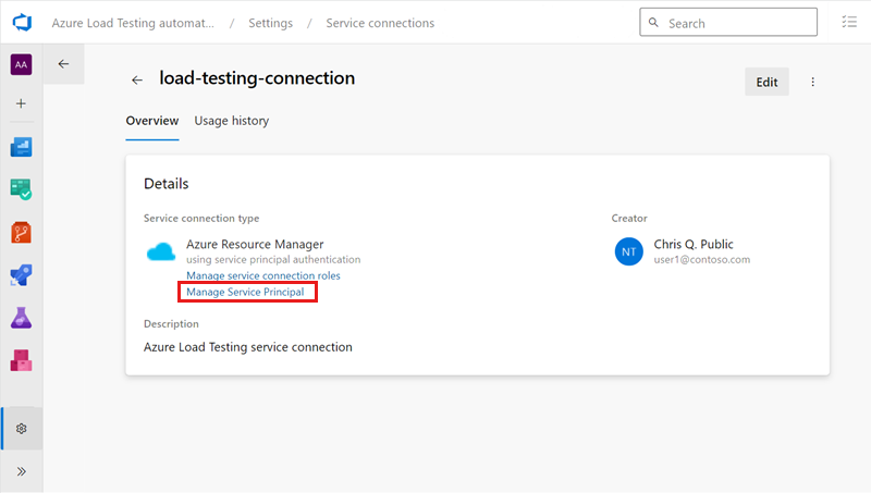 Screenshot che mostra le selezioni per la gestione di un'entità servizio.