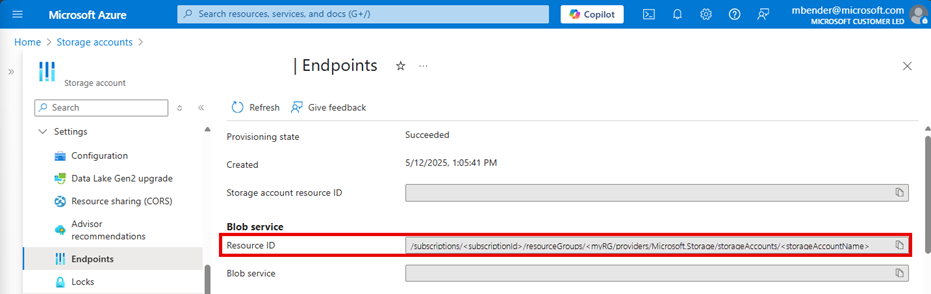 Screenshot degli endpoint dell'account di archiviazione.