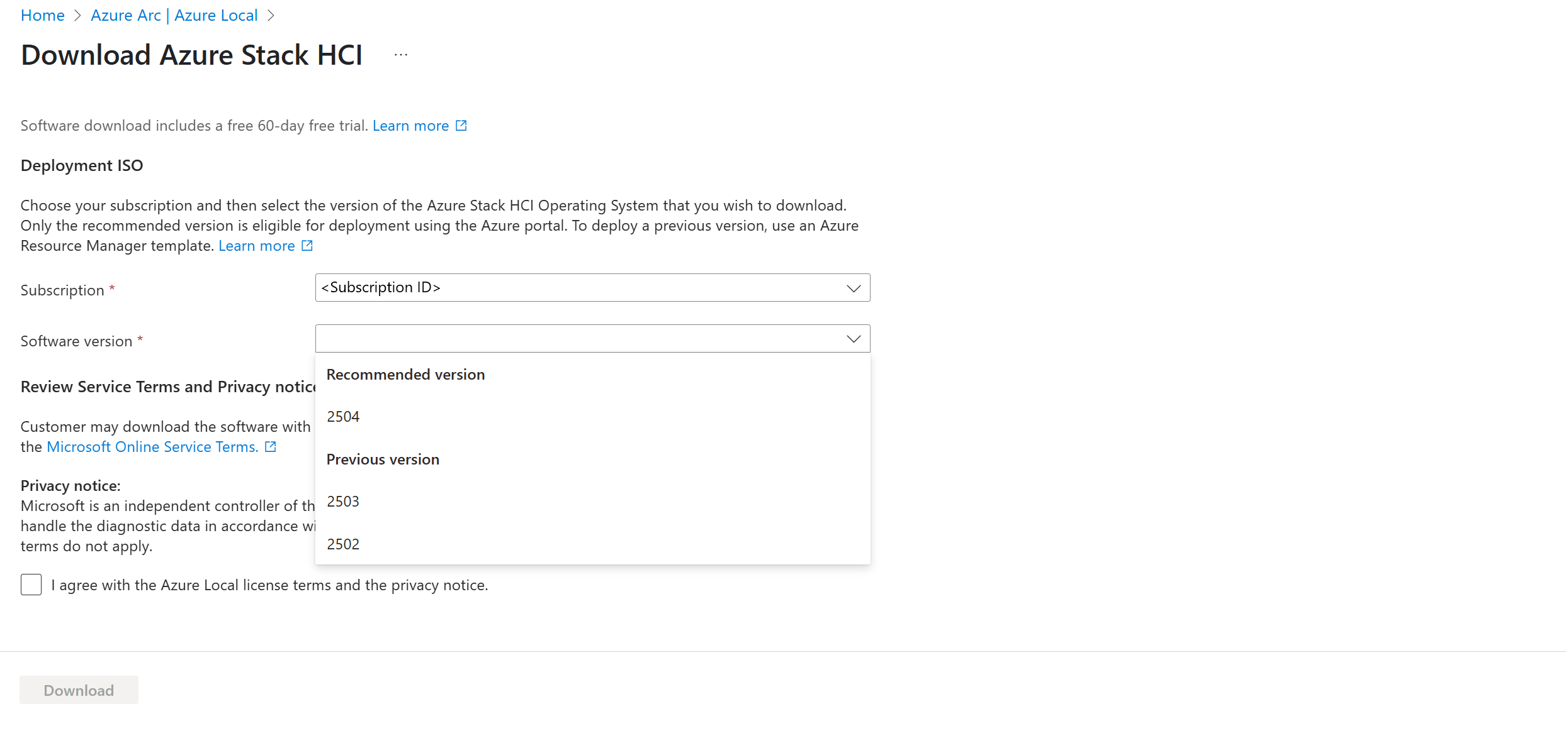 Screenshot della pagina Scaricare il sistema operativo Azure Stack HCI versione 23H2 che mostra il passaggio 2.