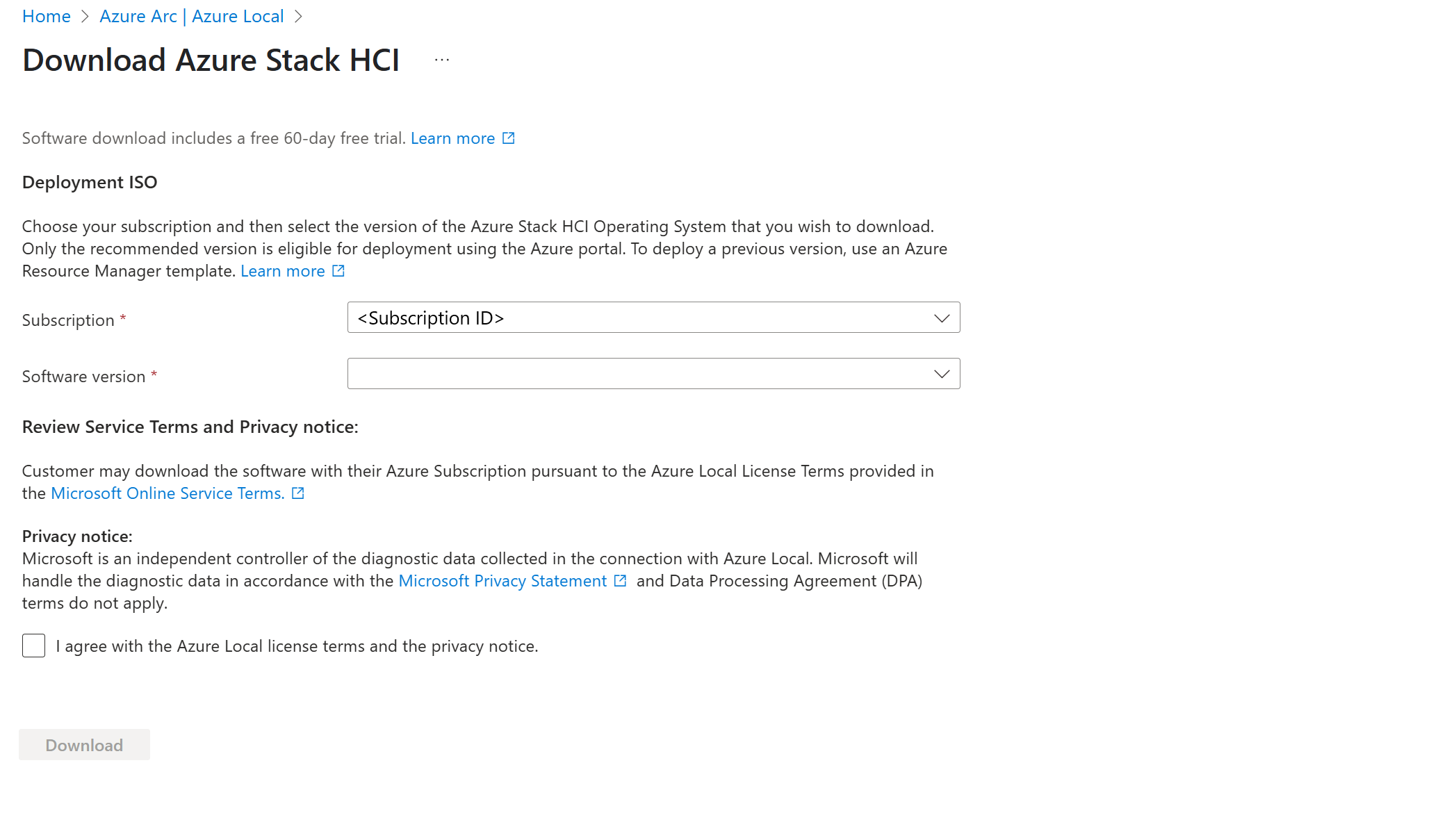 Screenshot della pagina che mostra il passaggio 1 per scaricare il sistema operativo Azure Stack HCI versione 23H2.