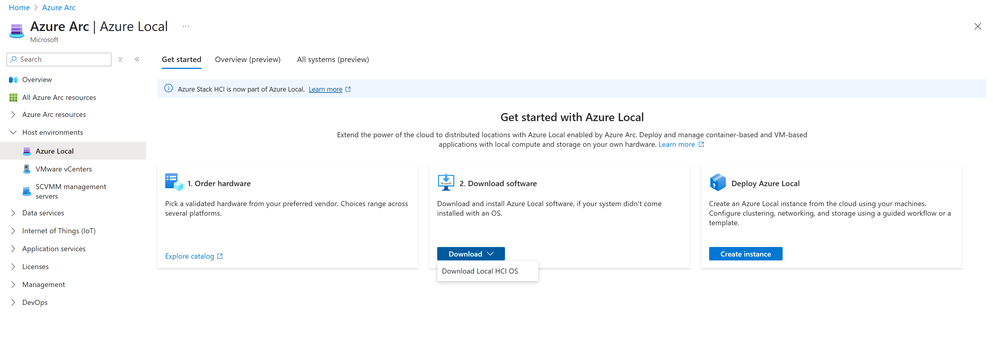 Screenshot della pagina Introduzione con l'opzione per scaricare il sistema operativo Azure Stack HCI.