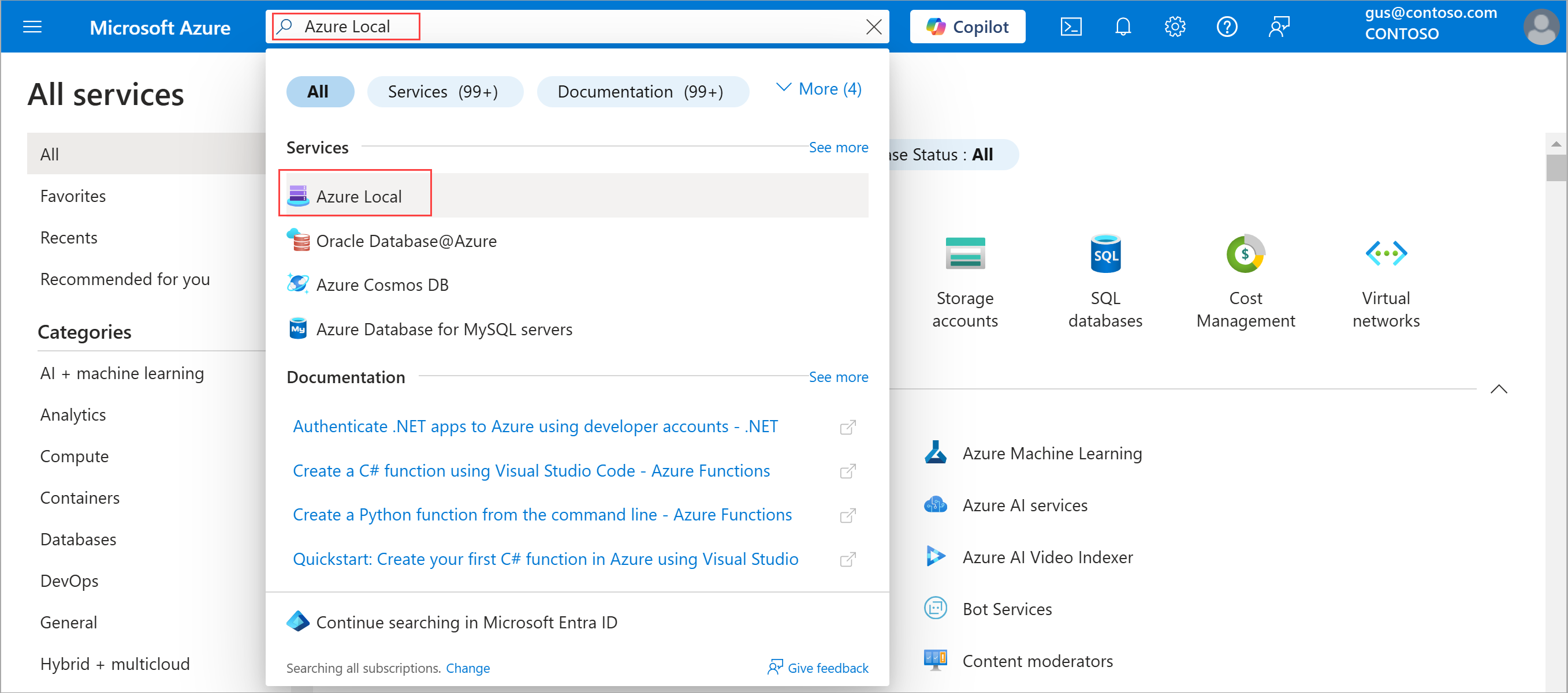 Screenshot che mostra come cercare Azure Local.