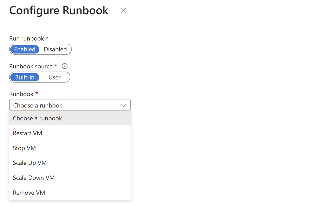 Screenshot della configurazione dell'azione del runbook.