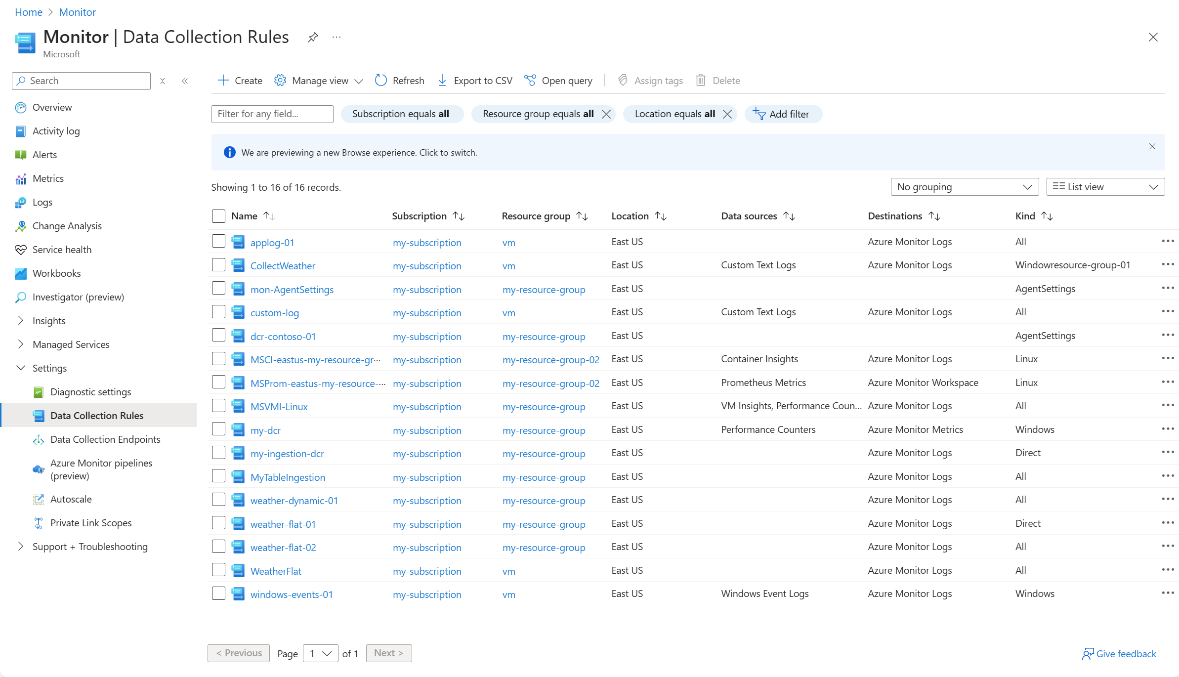 Screenshot che mostra i DCR nel portale di Azure.