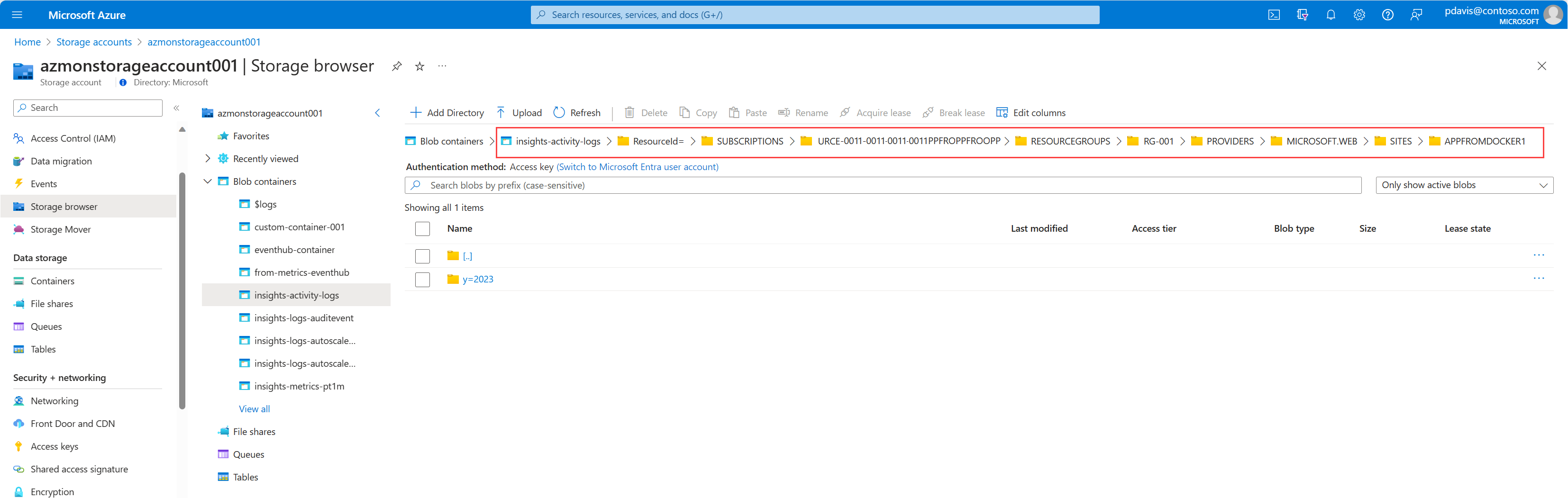 Screenshot che mostra il browser di archiviazione e il percorso della risorsa.