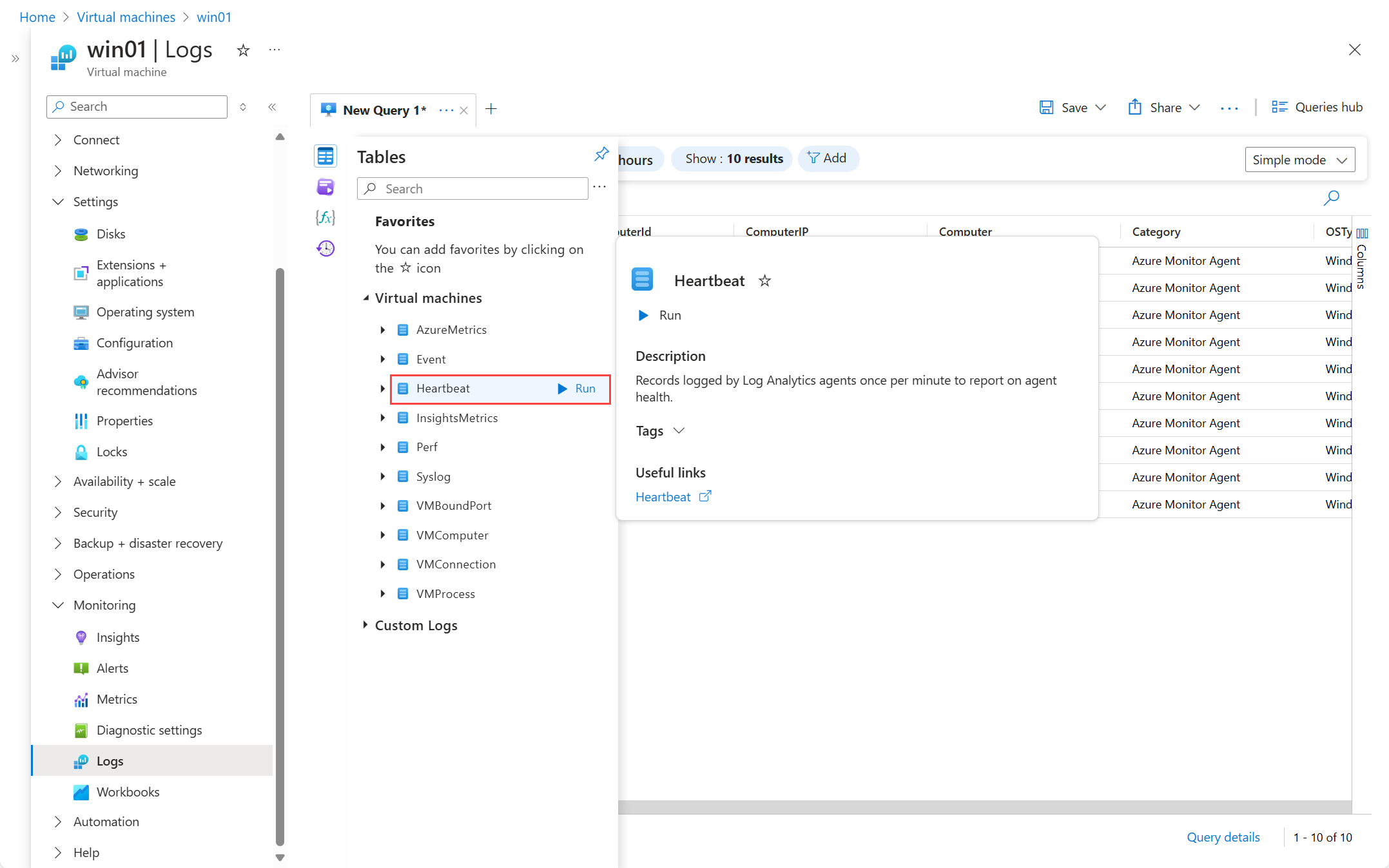 Screenshot che mostra la selezione della tabella Heartbeats in un'area di lavoro Log Analytics.