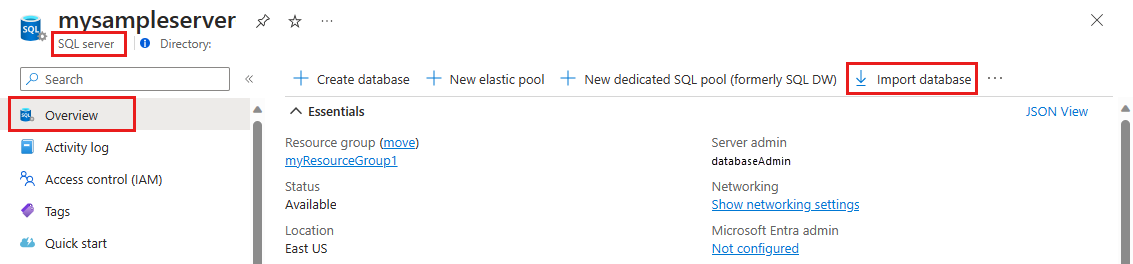 Screenshot della pagina di panoramica del server logico portale di Azure con l'importazione del database selezionata.
