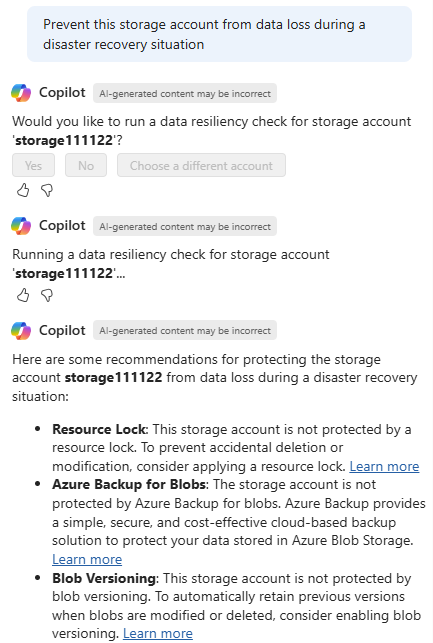 Screenshot che mostra Microsoft Copilot in Azure che fornisce suggerimenti per migliorare la resilienza dei dati dell'account di archiviazione.