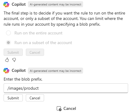 Screenshot di Microsoft Copilot in Azure che conferma dove eseguire una nuova regola di gestione del ciclo di vita.