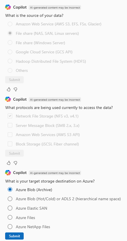Screenshot di Copilot in Azure che pone domande di approfondimento su uno scenario di migrazione dei dati.
