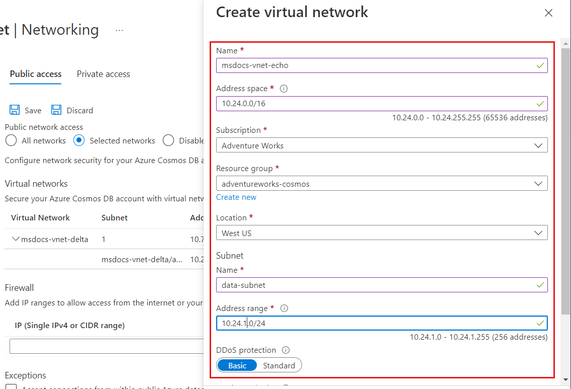 Screenshot della finestra di dialogo per creare una nuova rete virtuale di Azure, configurare una subnet e quindi abilitare l'endpoint del servizio Azure Cosmos DB.