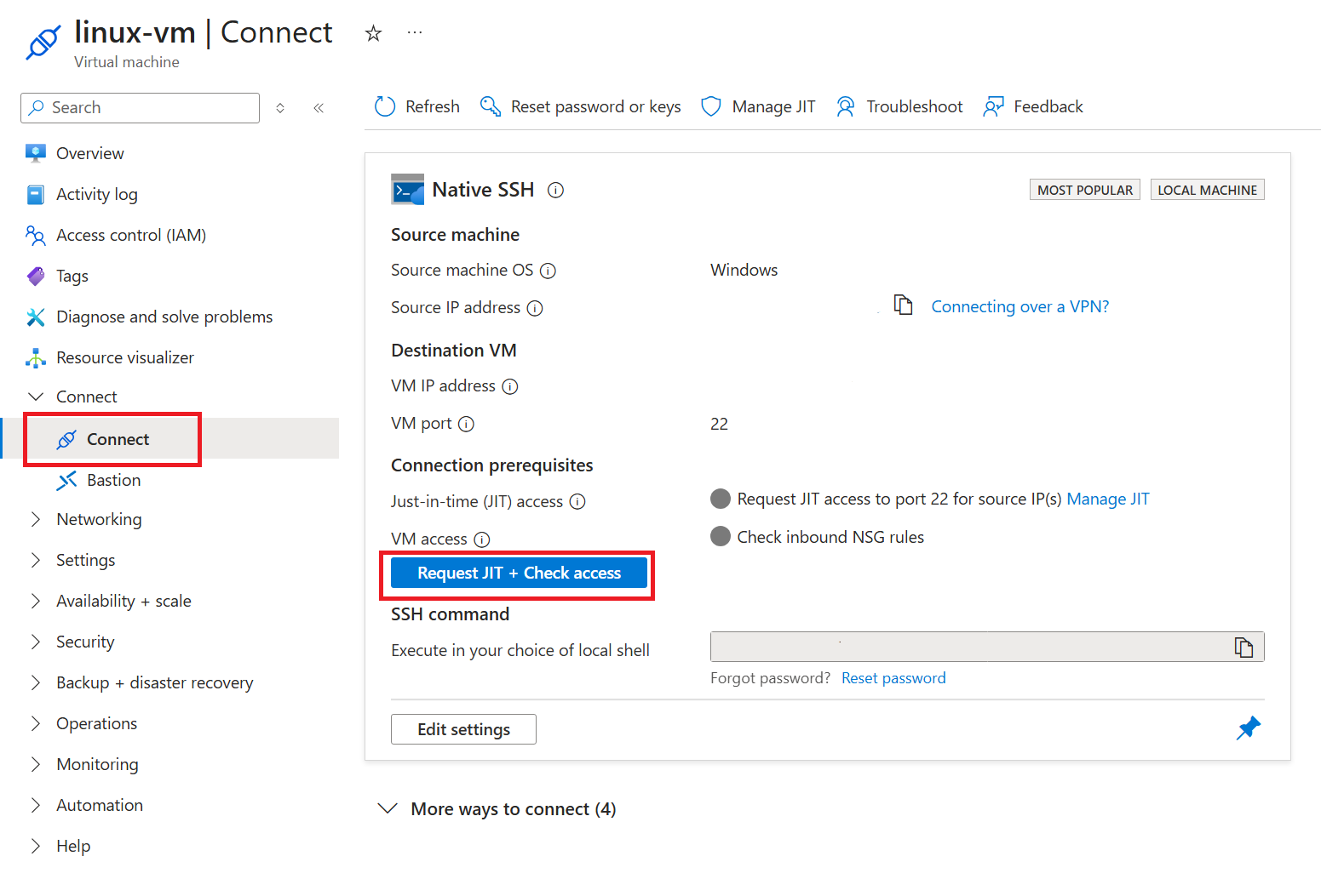 Screenshot di una richiesta di accesso just-in-time alle macchine virtuali che mostra le porte selezionate e la durata dell'accesso.