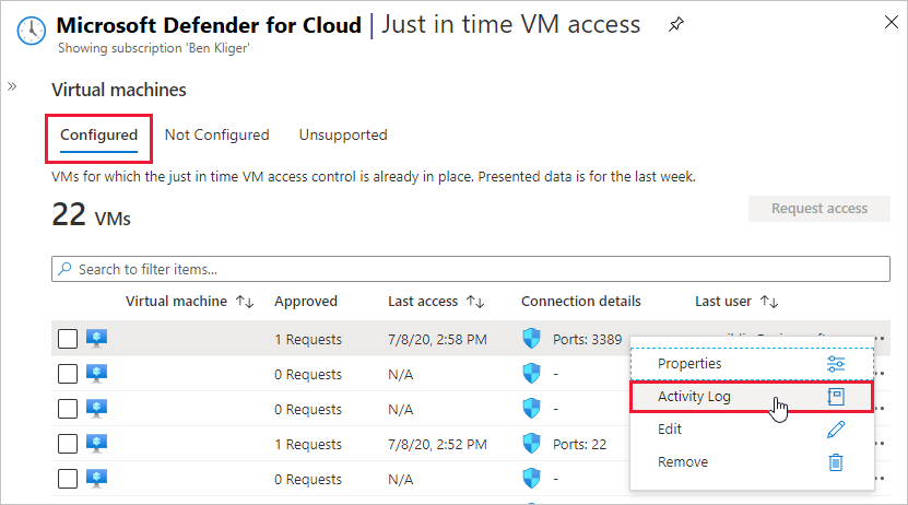 Screenshot della selezione del log attività di accesso just-in-time alle macchine virtuali in Defender per il cloud.