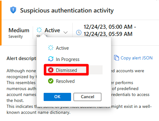 Screenshot del menu a discesa dello stato dell'avviso.