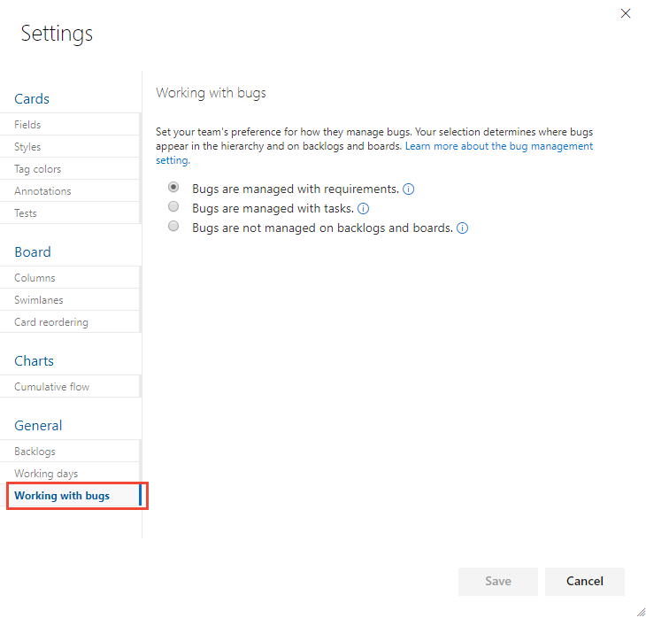 Screenshot che mostra la pagina Impostazioni con la scheda Gestione dei bug selezionata.