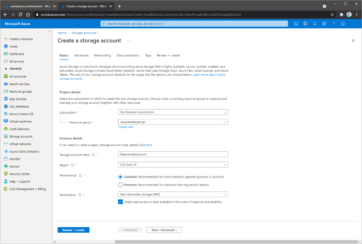 Screenshot che illustra come creare un account di archiviazione nel portale di Azure.