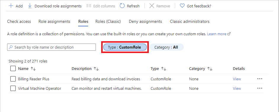 Screenshot dell'elenco di ruoli personalizzato
