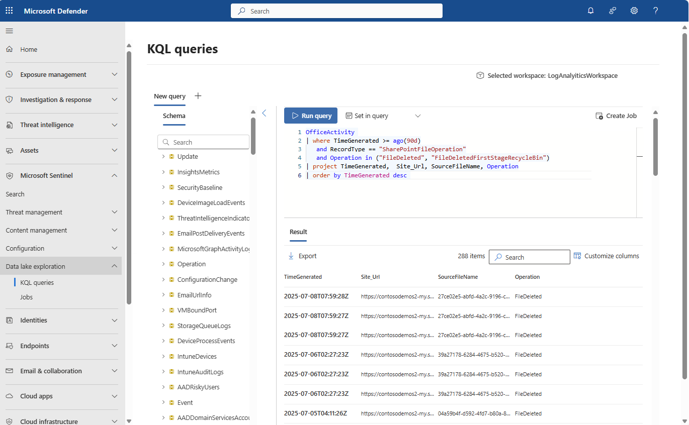 Screenshot dell'editor di query KQL nel data lake di Microsoft Sentinel.