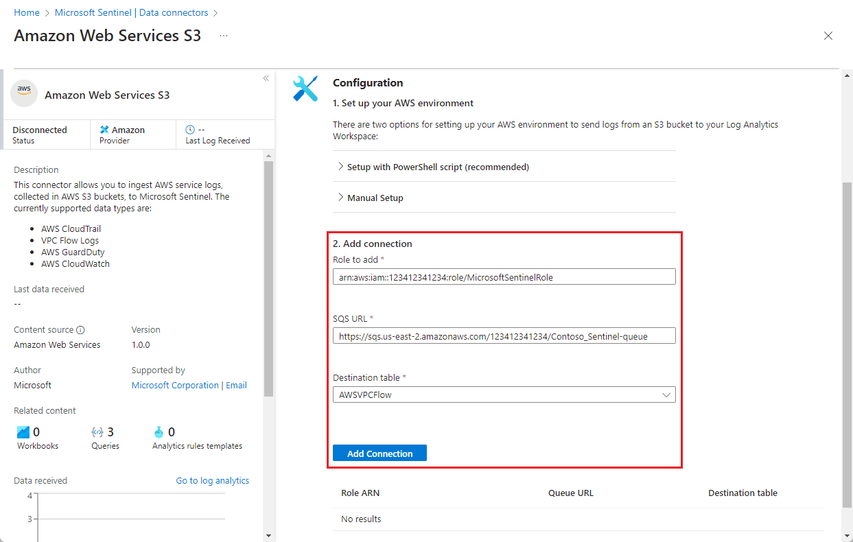 Screenshot dell'inserimento delle informazioni sul ruolo A W S dallo script al connettore S3.