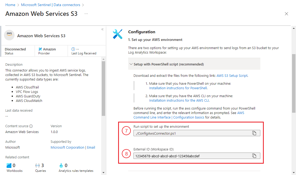 Screenshot del comando per eseguire lo script di installazione e l'ID dell'area di lavoro.