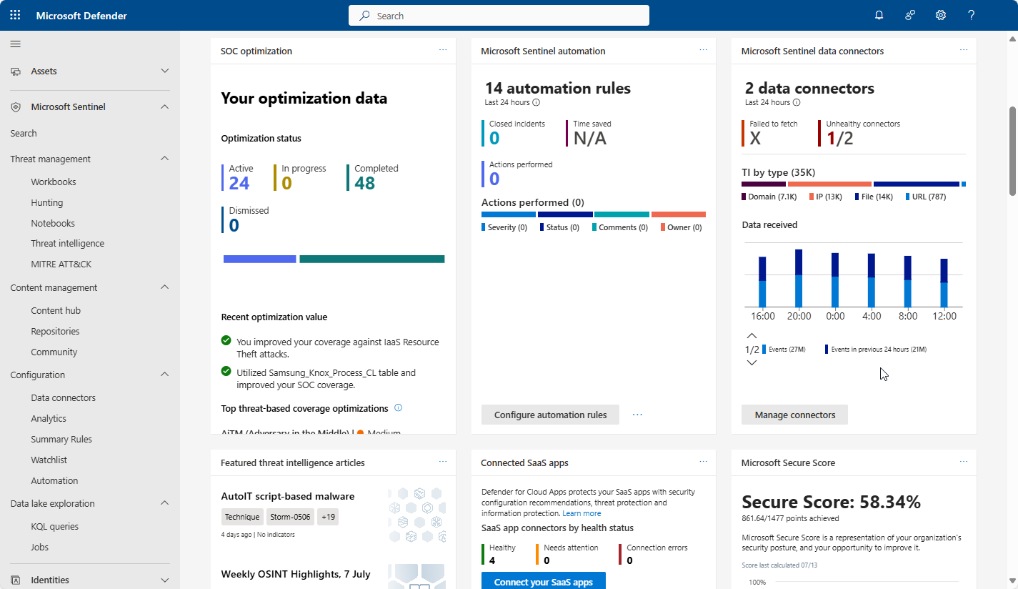 Screenshot della barra di navigazione a sinistra del portale Defender con la sezione Microsoft Sentinel.