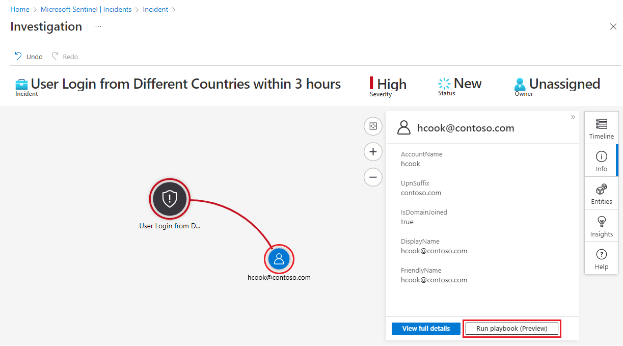 Screenshot della selezione di un'entità dal grafico delle indagini per eseguire un playbook su di essa.