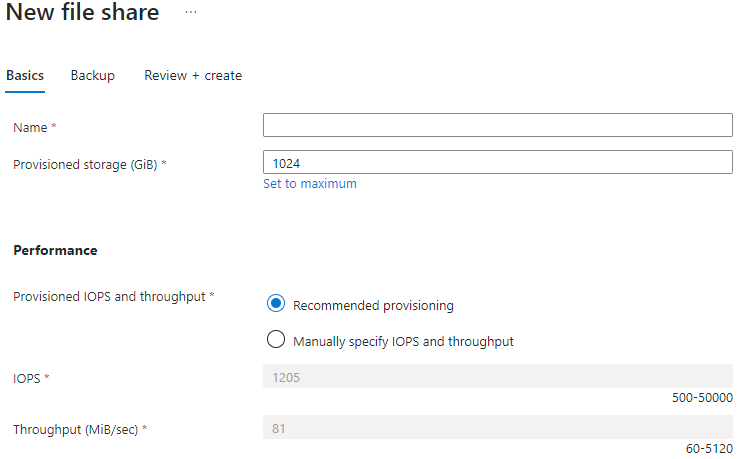 Screenshot della scheda Informazioni di base nel pannello della nuova condivisione file (con provisioning v2).