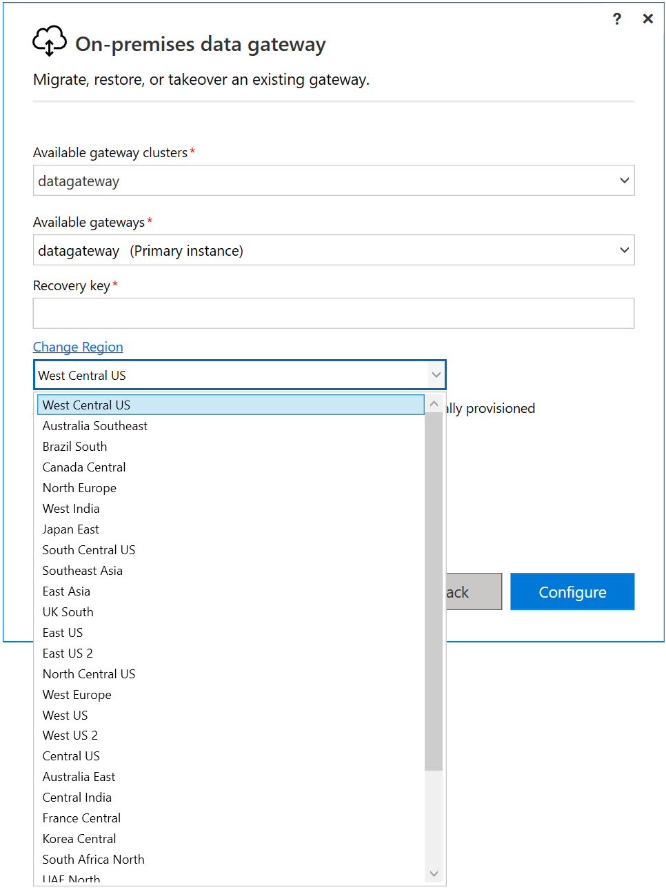 Screenshot della pagina per migrare, ripristinare o acquisire un gateway esistente, con il menu di cambio regione visualizzato e l'opzione Stati Uniti centro-occidentali selezionata.