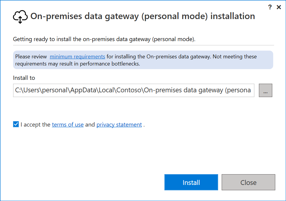 Screenshot della finestra di dialogo di installazione che illustra il percorso di installazione del gateway in modalità personale.