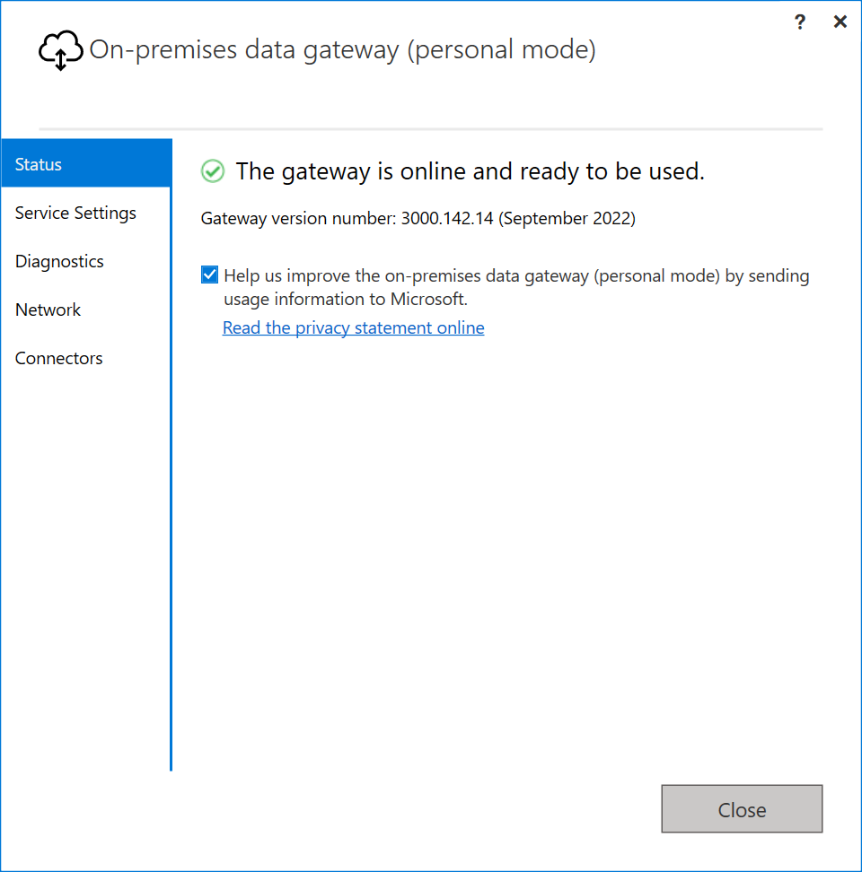 Screenshot del riepilogo della modalità personale del gateway.