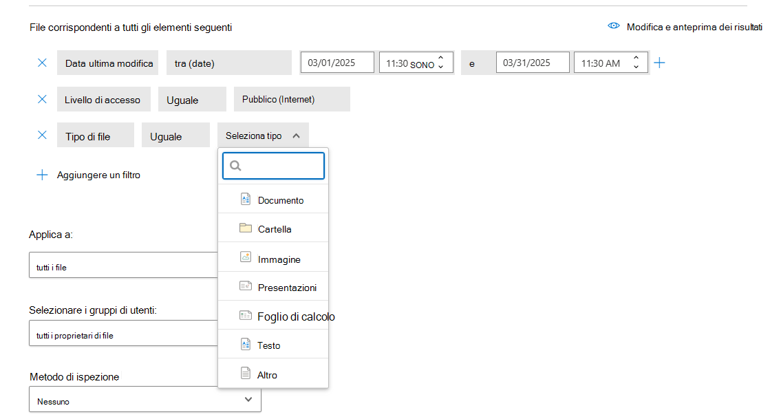 Screenshot che mostra diversi tipi di file