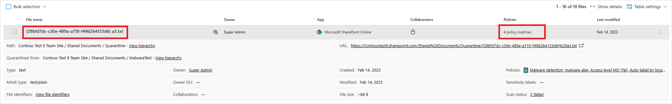 Screenshot delle corrispondenze di contenuto dei criteri di esempio.