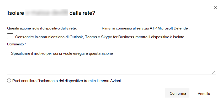Pagina dei dettagli di un dispositivo isolato