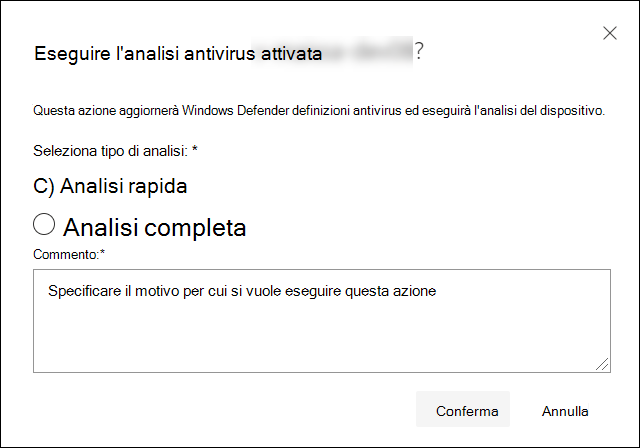 Notifica per selezionare l'analisi rapida o l'analisi completa e aggiungere un commento