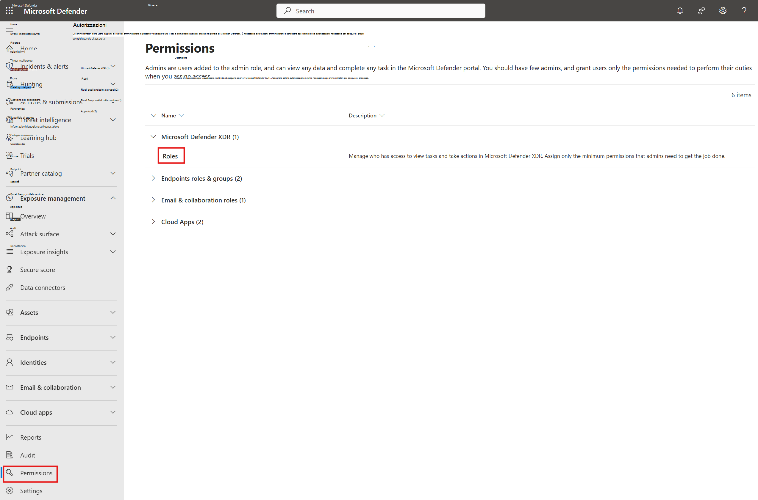 Screenshot che mostra la pagina dei ruoli nel portale di Defender XDR.