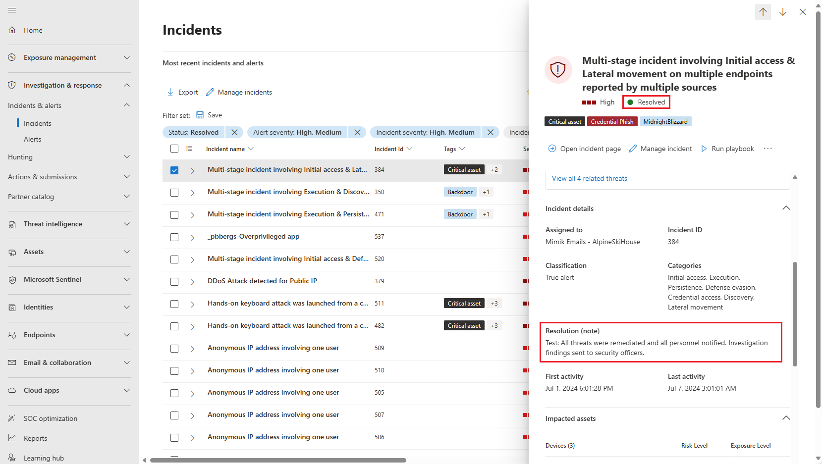 Screenshot dell'aspetto della nota di risoluzione nel pannello dei dettagli dell'evento imprevisto.