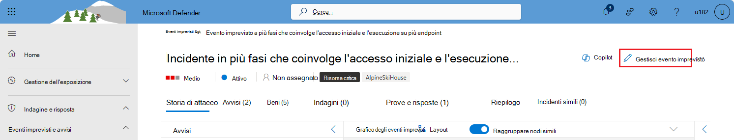 Screenshot che mostra come gestire un evento imprevisto dalla pagina dell'evento imprevisto nel portale di Microsoft Defender.