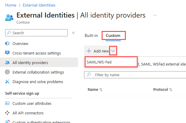 Schermata che mostra il pulsante per aggiungere un nuovo IdP SAML o WS-Fed.