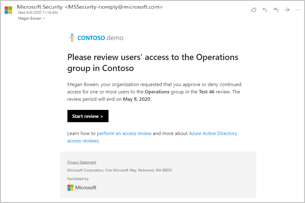 Schermata di un'email di esempio da Microsoft per la revisione dell'accesso a un gruppo.