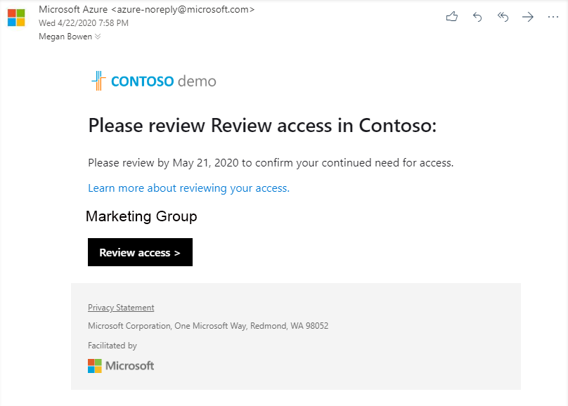 Screenshot che mostra un messaggio di posta elettronica di esempio di Microsoft che chiede di esaminare l'accesso a un gruppo.