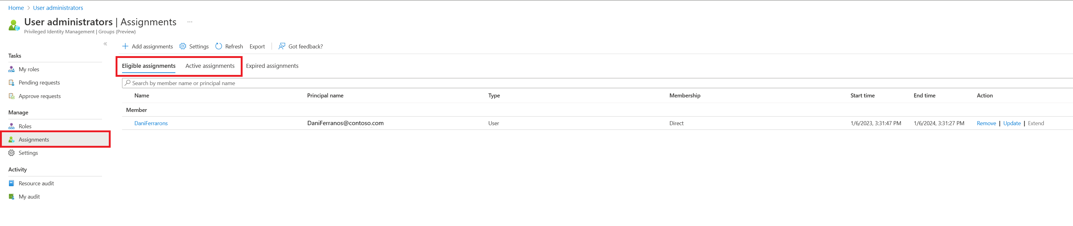 Screenshot della posizione in cui rivedere le assegnazioni di appartenenza o proprietà esistenti per il gruppo selezionato.