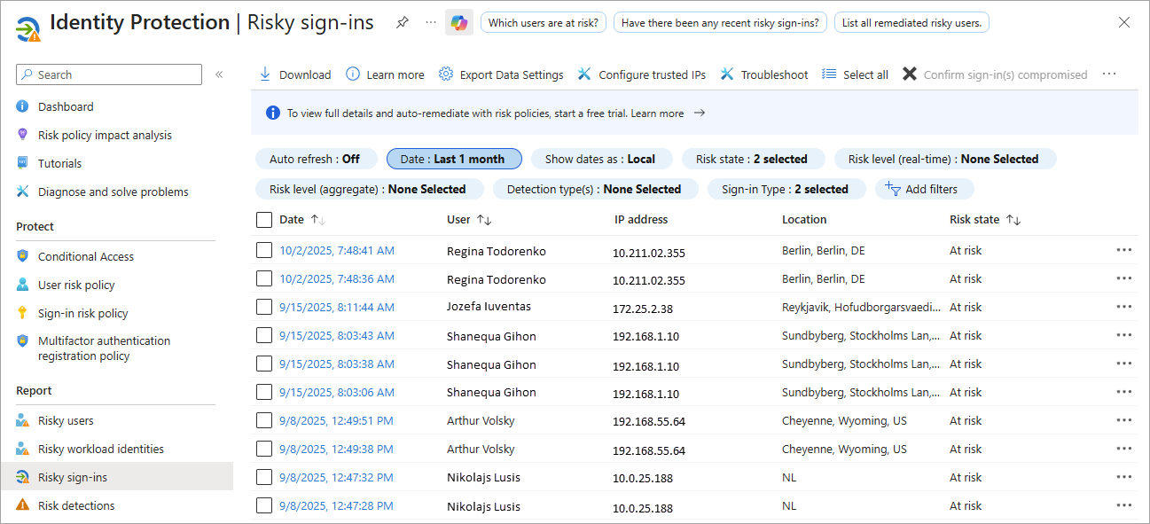 Screenshot che mostra il report accessi a rischio.